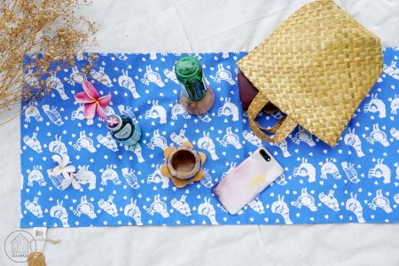 AYAM JAGO Handstamped Batik Table Runner in Sky Blue Colour